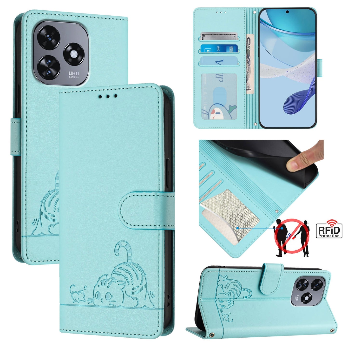 Oukitel C51 Leather Phone Case with Cat and Rat Embossed Pattern, RFID Protection, Card Holder Slots, Anti-fall Feature & Lanyard