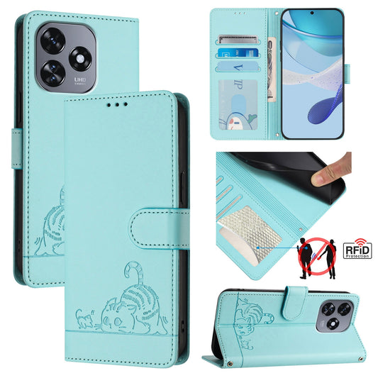 Oukitel C51 Leather Phone Case with Cat and Rat Embossed Pattern, RFID Protection, Card Holder Slots, Anti-fall Feature & Lanyard