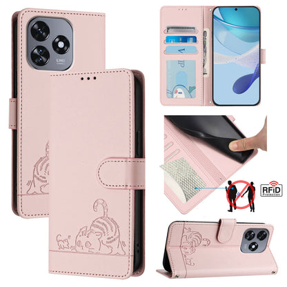Oukitel C51 Leather Phone Case with Cat and Rat Embossed Pattern, RFID Protection, Card Holder Slots, Anti-fall Feature & Lanyard