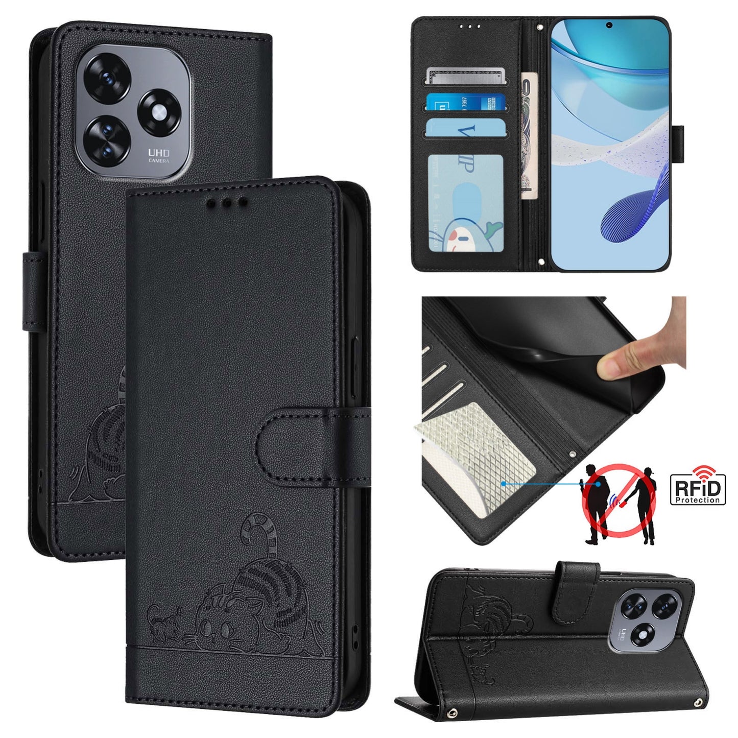 Oukitel C51 Leather Phone Case with Cat and Rat Embossed Pattern, RFID Protection, Card Holder Slots, Anti-fall Feature & Lanyard