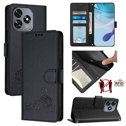 Oukitel C51 Leather Phone Case with Cat and Rat Embossed Pattern, RFID Protection, Card Holder Slots, Anti-fall Feature & Lanyard