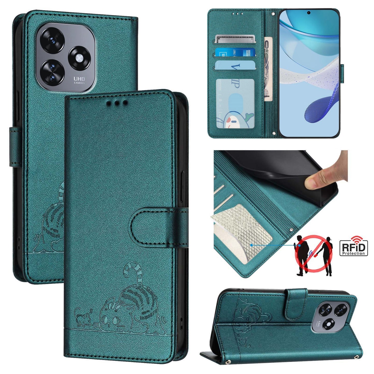 Oukitel C51 Leather Phone Case with Cat and Rat Embossed Pattern, RFID Protection, Card Holder Slots, Anti-fall Feature & Lanyard