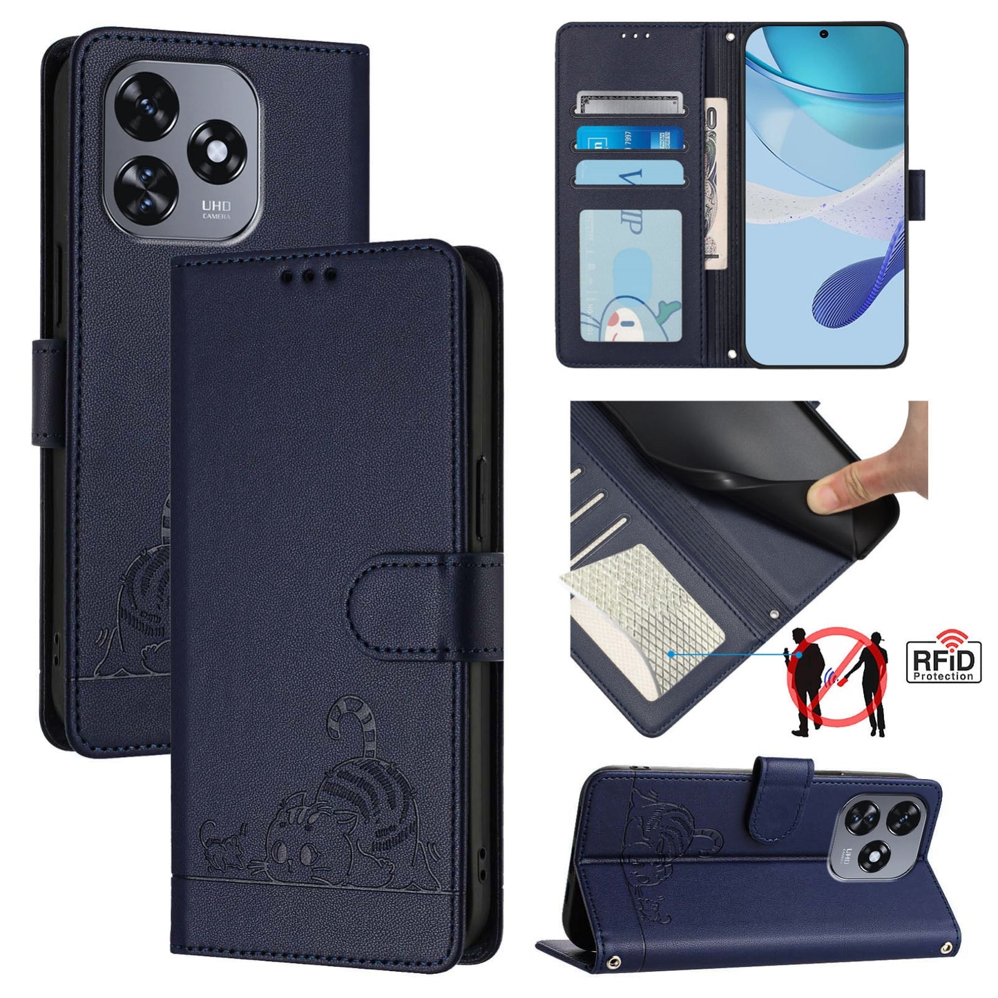 Oukitel C51 Leather Phone Case with Cat and Rat Embossed Pattern, RFID Protection, Card Holder Slots, Anti-fall Feature & Lanyard