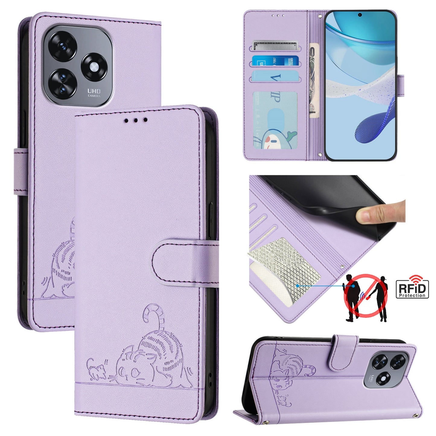 Oukitel C51 Leather Phone Case with Cat and Rat Embossed Pattern, RFID Protection, Card Holder Slots, Anti-fall Feature & Lanyard