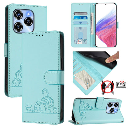 Oukitel C50 Leather Phone Case with Cat and Rat Embossed Pattern, RFID Protection, Card Holder Slots, Anti-fall Feature & Lanyard