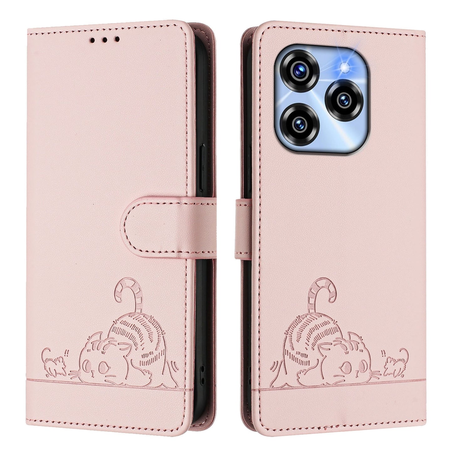 Oukitel C50 Leather Phone Case with Cat and Rat Embossed Pattern, RFID Protection, Card Holder Slots, Anti-fall Feature & Lanyard