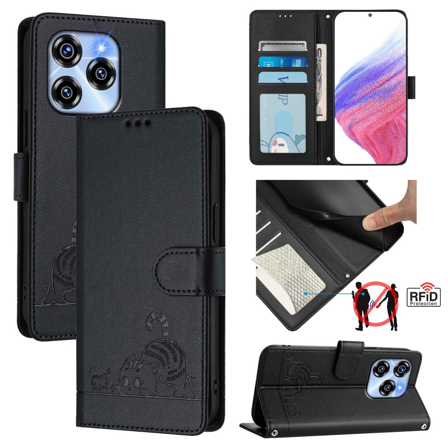 Oukitel C50 Leather Phone Case with Cat and Rat Embossed Pattern, RFID Protection, Card Holder Slots, Anti-fall Feature & Lanyard