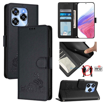 Oukitel C50 Leather Phone Case with Cat and Rat Embossed Pattern, RFID Protection, Card Holder Slots, Anti-fall Feature & Lanyard