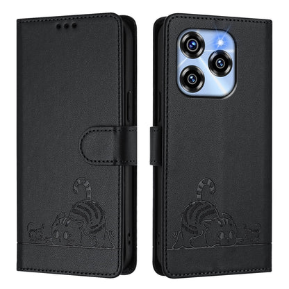 Oukitel C50 Leather Phone Case with Cat and Rat Embossed Pattern, RFID Protection, Card Holder Slots, Anti-fall Feature & Lanyard