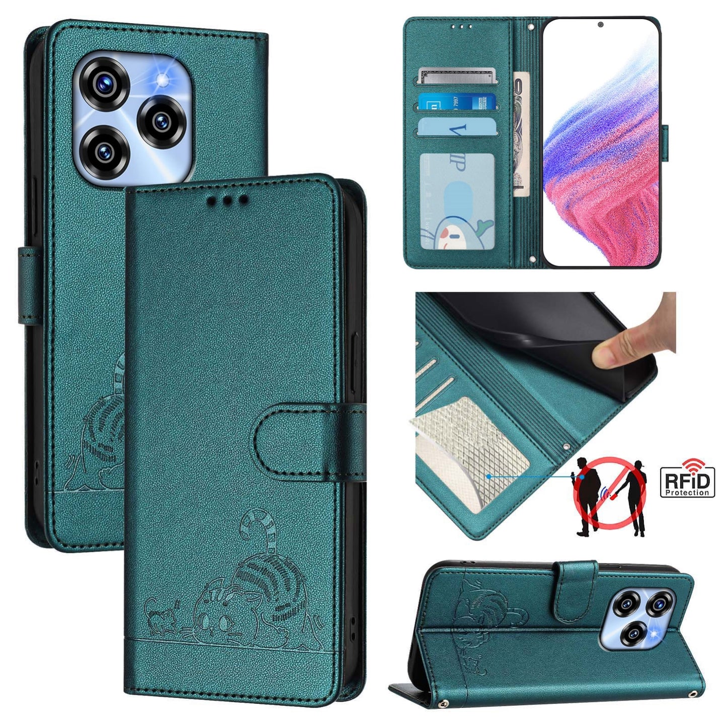 Oukitel C50 Leather Phone Case with Cat and Rat Embossed Pattern, RFID Protection, Card Holder Slots, Anti-fall Feature & Lanyard