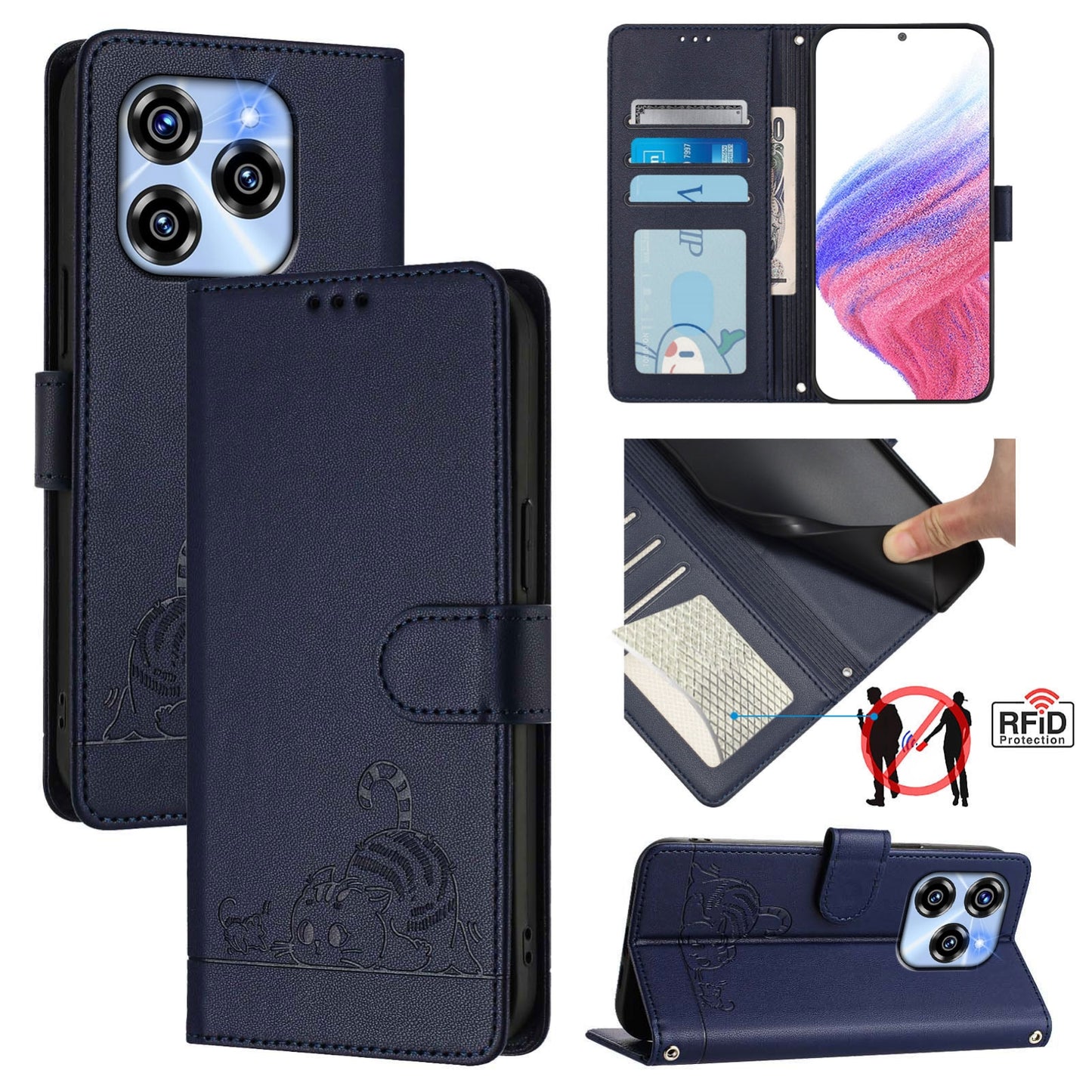 Oukitel C50 Leather Phone Case with Cat and Rat Embossed Pattern, RFID Protection, Card Holder Slots, Anti-fall Feature & Lanyard