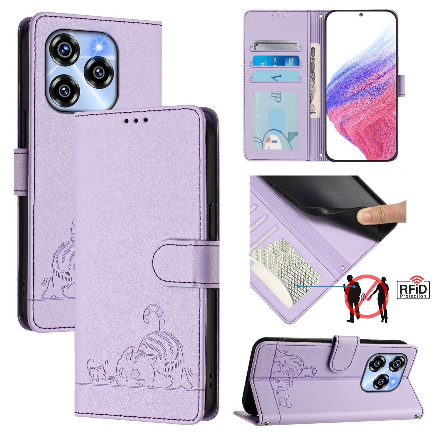 Oukitel C50 Leather Phone Case with Cat and Rat Embossed Pattern, RFID Protection, Card Holder Slots, Anti-fall Feature & Lanyard