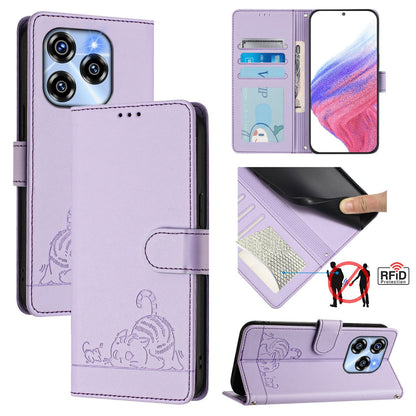 Oukitel C50 Leather Phone Case with Cat and Rat Embossed Pattern, RFID Protection, Card Holder Slots, Anti-fall Feature & Lanyard