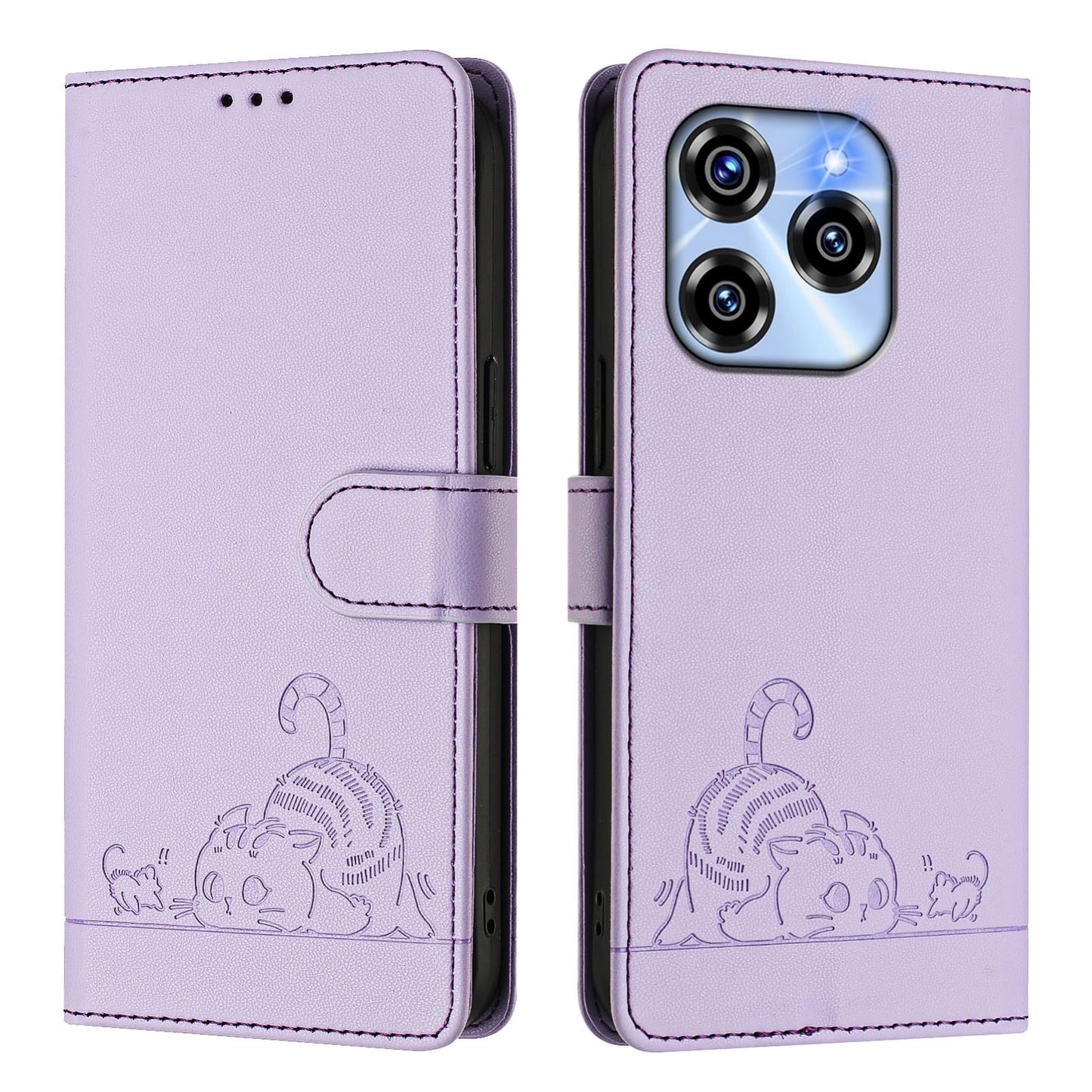 Oukitel C50 Leather Phone Case with Cat and Rat Embossed Pattern, RFID Protection, Card Holder Slots, Anti-fall Feature & Lanyard