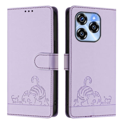Oukitel C50 Leather Phone Case with Cat and Rat Embossed Pattern, RFID Protection, Card Holder Slots, Anti-fall Feature & Lanyard