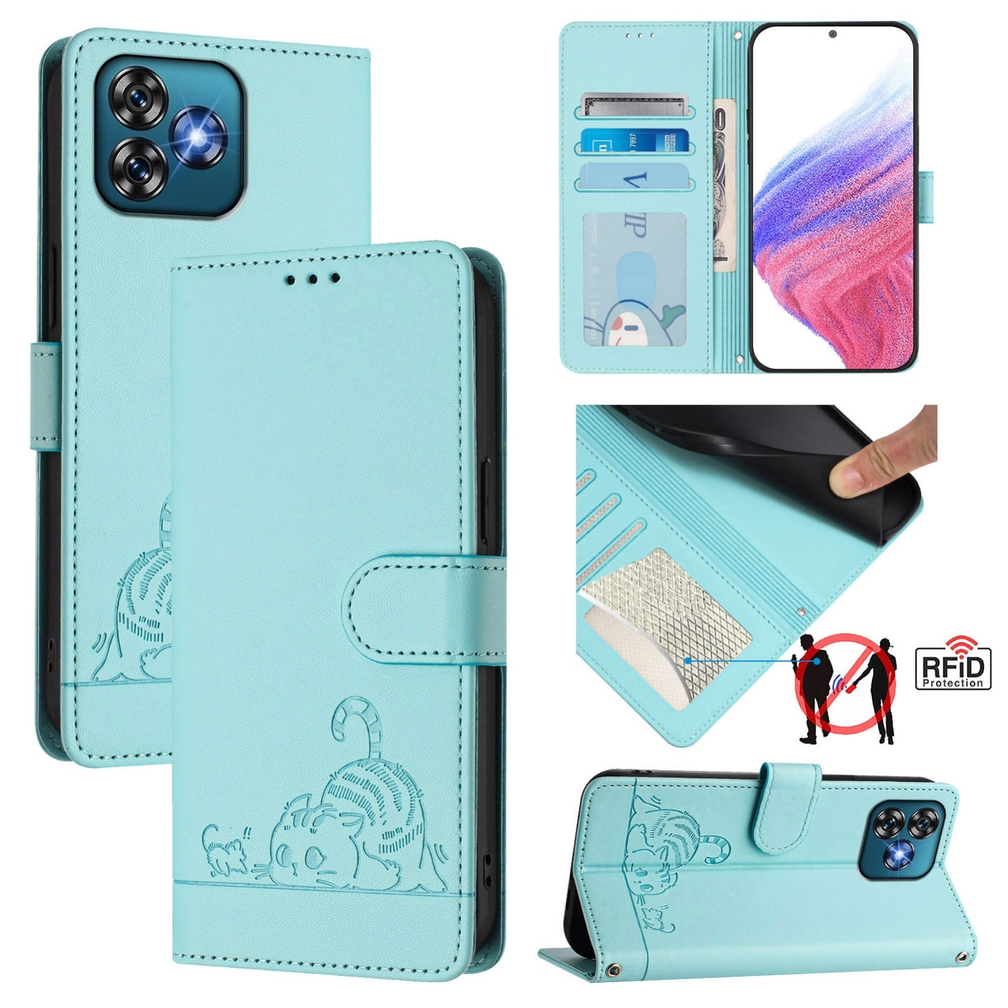 Oukitel C53 Leather Phone Case with Cat and Rat Embossed Pattern, RFID Protection, Card Holder Slots, Anti-fall Feature & Lanyard