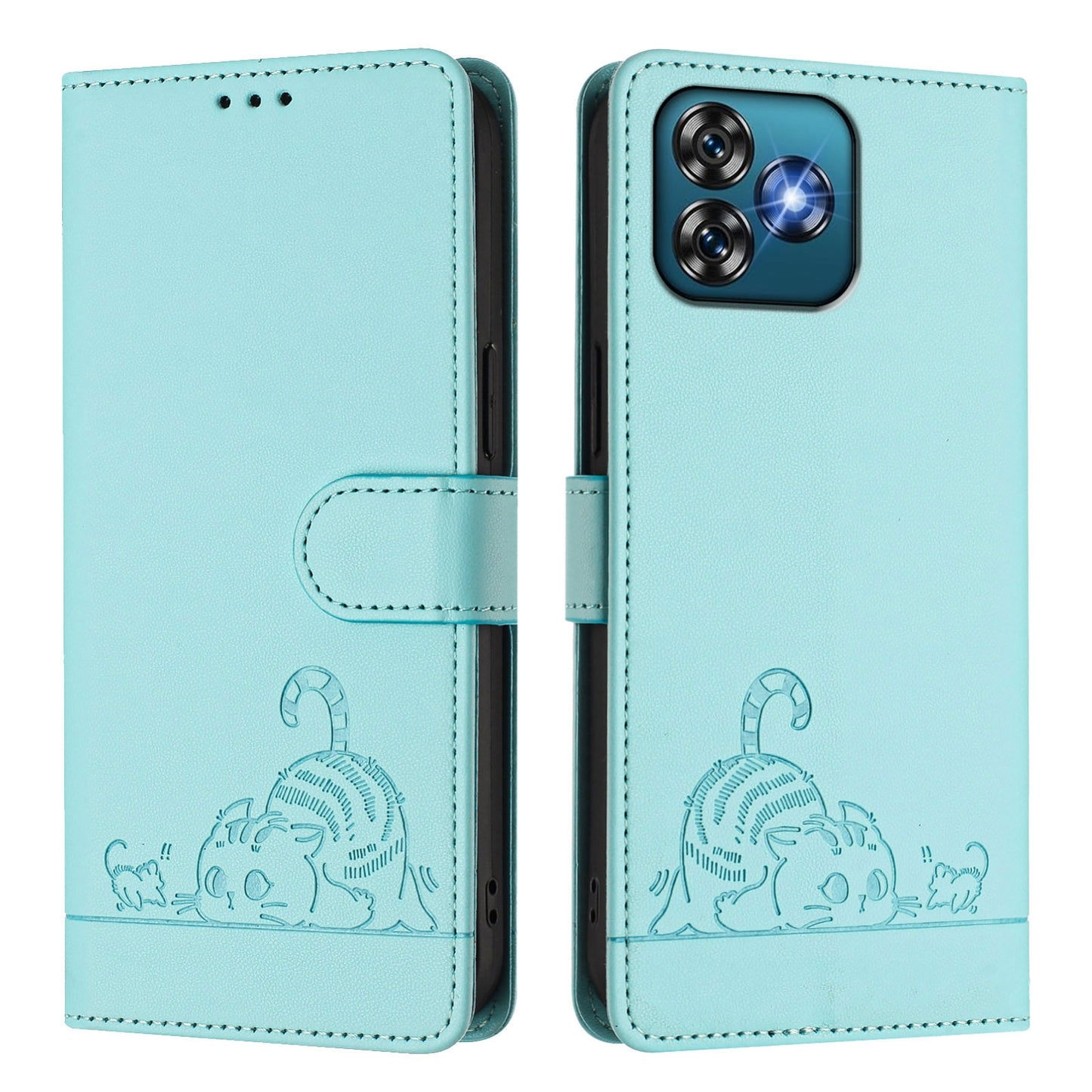 Oukitel C53 Leather Phone Case with Cat and Rat Embossed Pattern, RFID Protection, Card Holder Slots, Anti-fall Feature & Lanyard