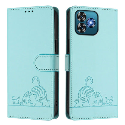 Oukitel C53 Leather Phone Case with Cat and Rat Embossed Pattern, RFID Protection, Card Holder Slots, Anti-fall Feature & Lanyard