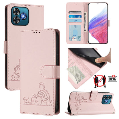 Oukitel C53 Leather Phone Case with Cat and Rat Embossed Pattern, RFID Protection, Card Holder Slots, Anti-fall Feature & Lanyard