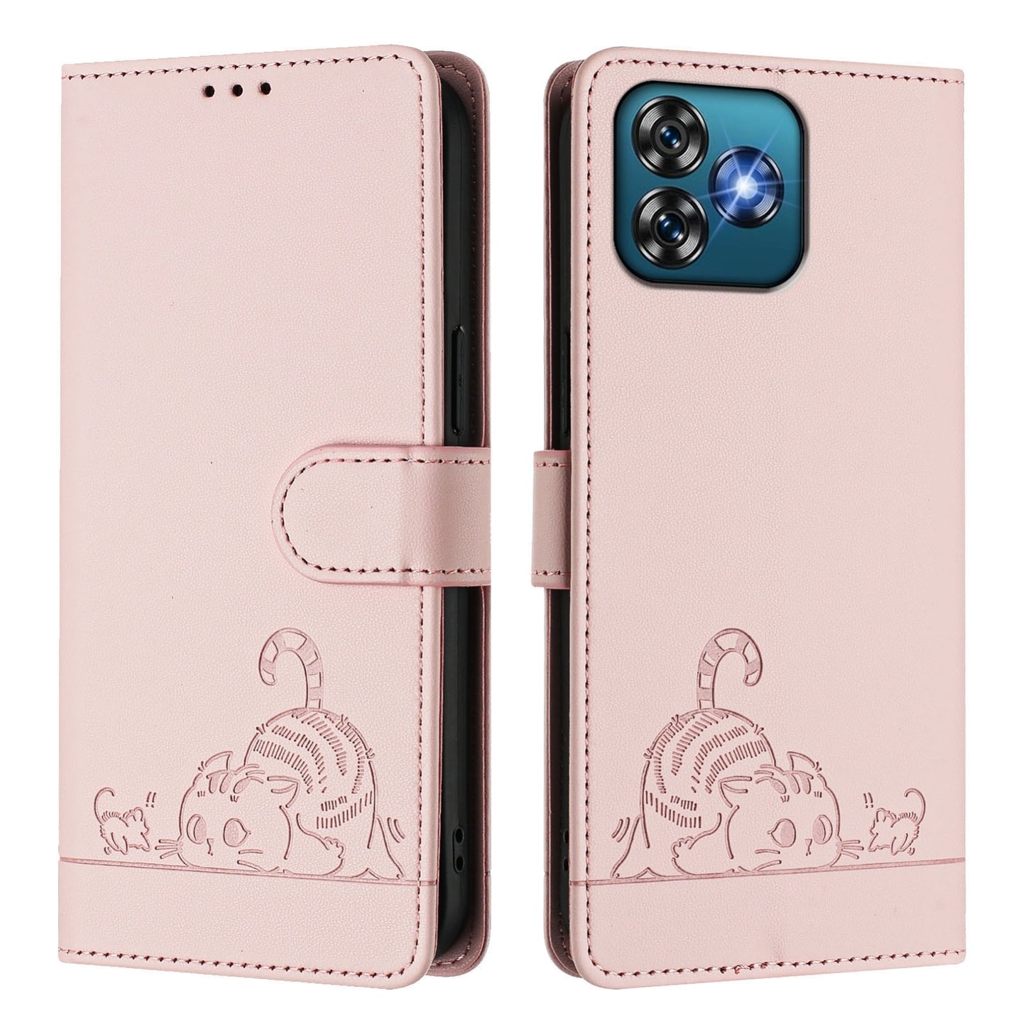 Oukitel C53 Leather Phone Case with Cat and Rat Embossed Pattern, RFID Protection, Card Holder Slots, Anti-fall Feature & Lanyard