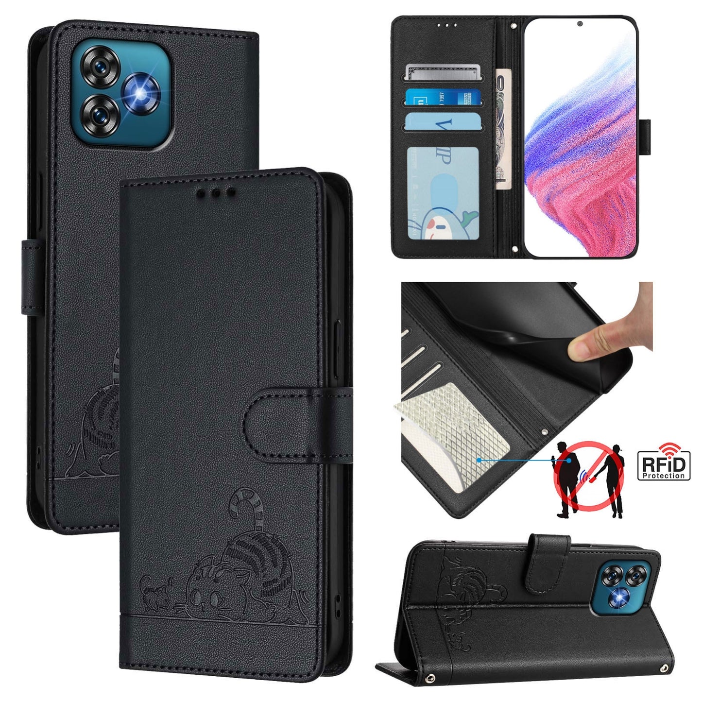 Oukitel C53 Leather Phone Case with Cat and Rat Embossed Pattern, RFID Protection, Card Holder Slots, Anti-fall Feature & Lanyard
