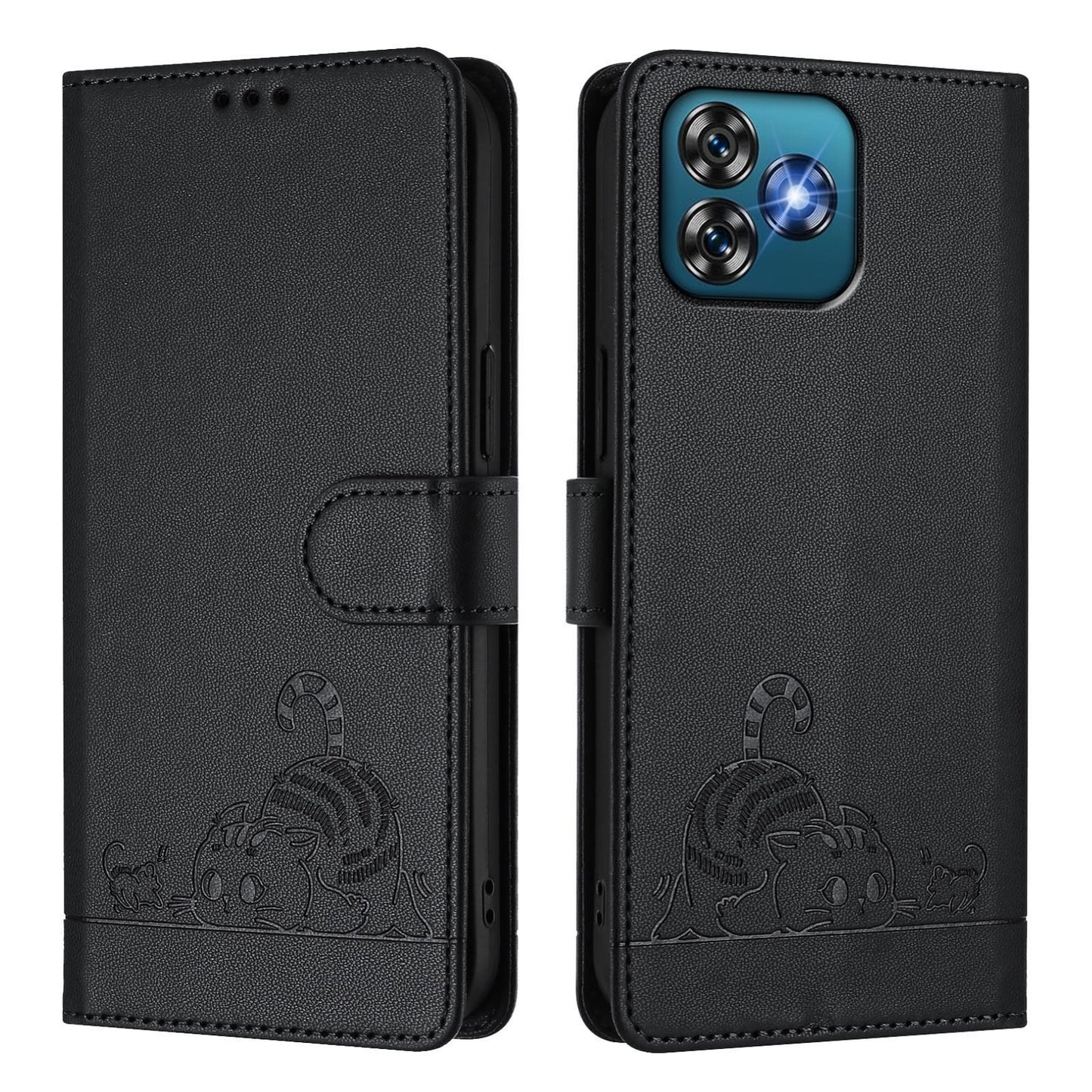 Oukitel C53 Leather Phone Case with Cat and Rat Embossed Pattern, RFID Protection, Card Holder Slots, Anti-fall Feature & Lanyard