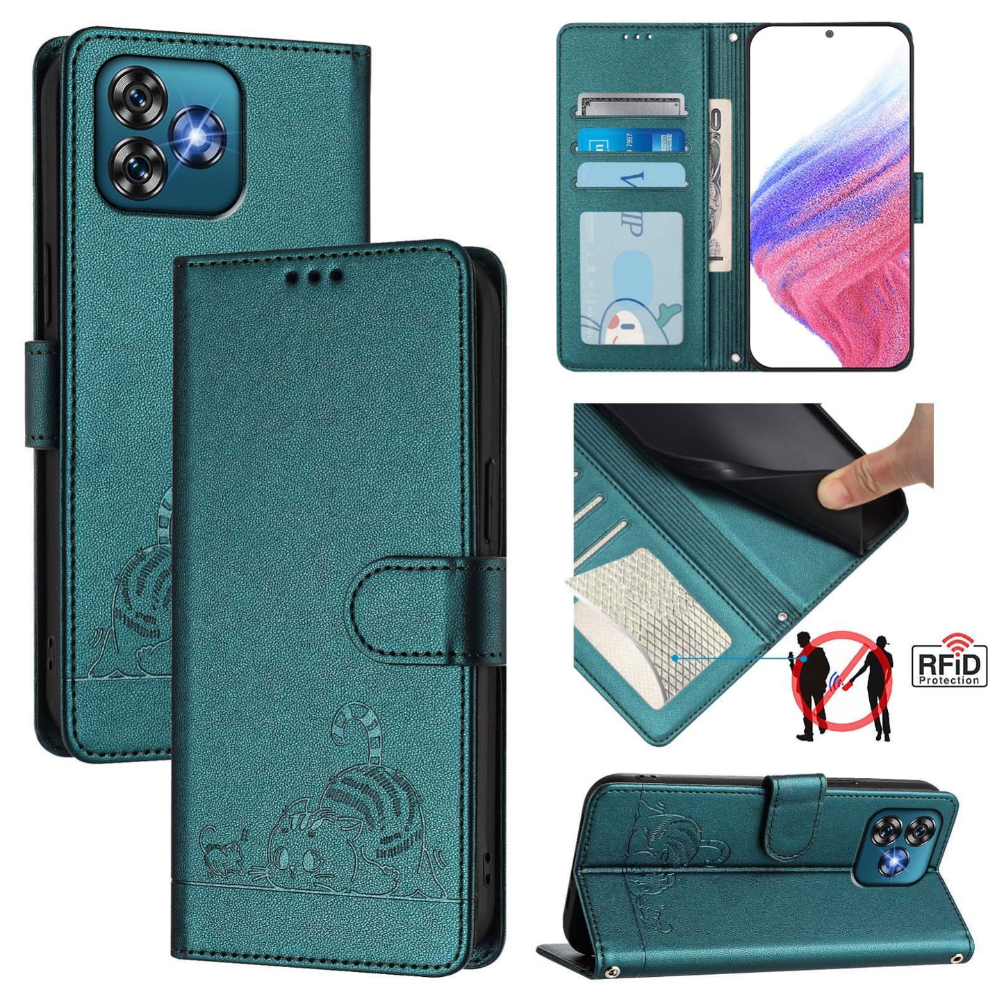Oukitel C53 Leather Phone Case with Cat and Rat Embossed Pattern, RFID Protection, Card Holder Slots, Anti-fall Feature & Lanyard