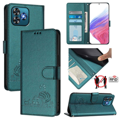 Oukitel C53 Leather Phone Case with Cat and Rat Embossed Pattern, RFID Protection, Card Holder Slots, Anti-fall Feature & Lanyard