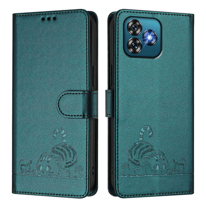 Oukitel C53 Leather Phone Case with Cat and Rat Embossed Pattern, RFID Protection, Card Holder Slots, Anti-fall Feature & Lanyard