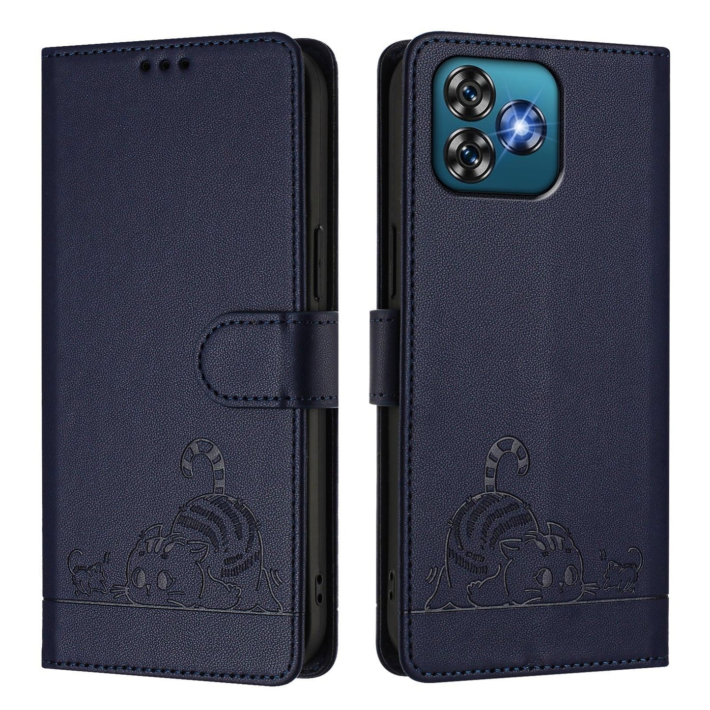 Oukitel C53 Leather Phone Case with Cat and Rat Embossed Pattern, RFID Protection, Card Holder Slots, Anti-fall Feature & Lanyard