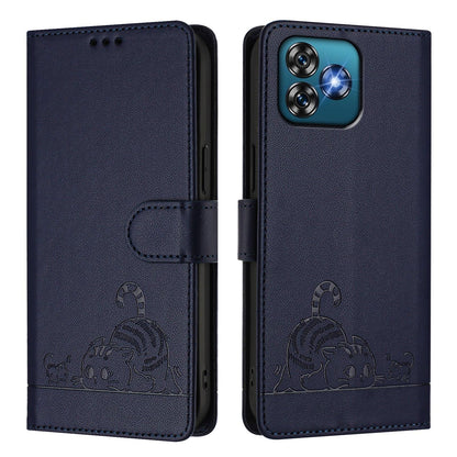 Oukitel C53 Leather Phone Case with Cat and Rat Embossed Pattern, RFID Protection, Card Holder Slots, Anti-fall Feature & Lanyard