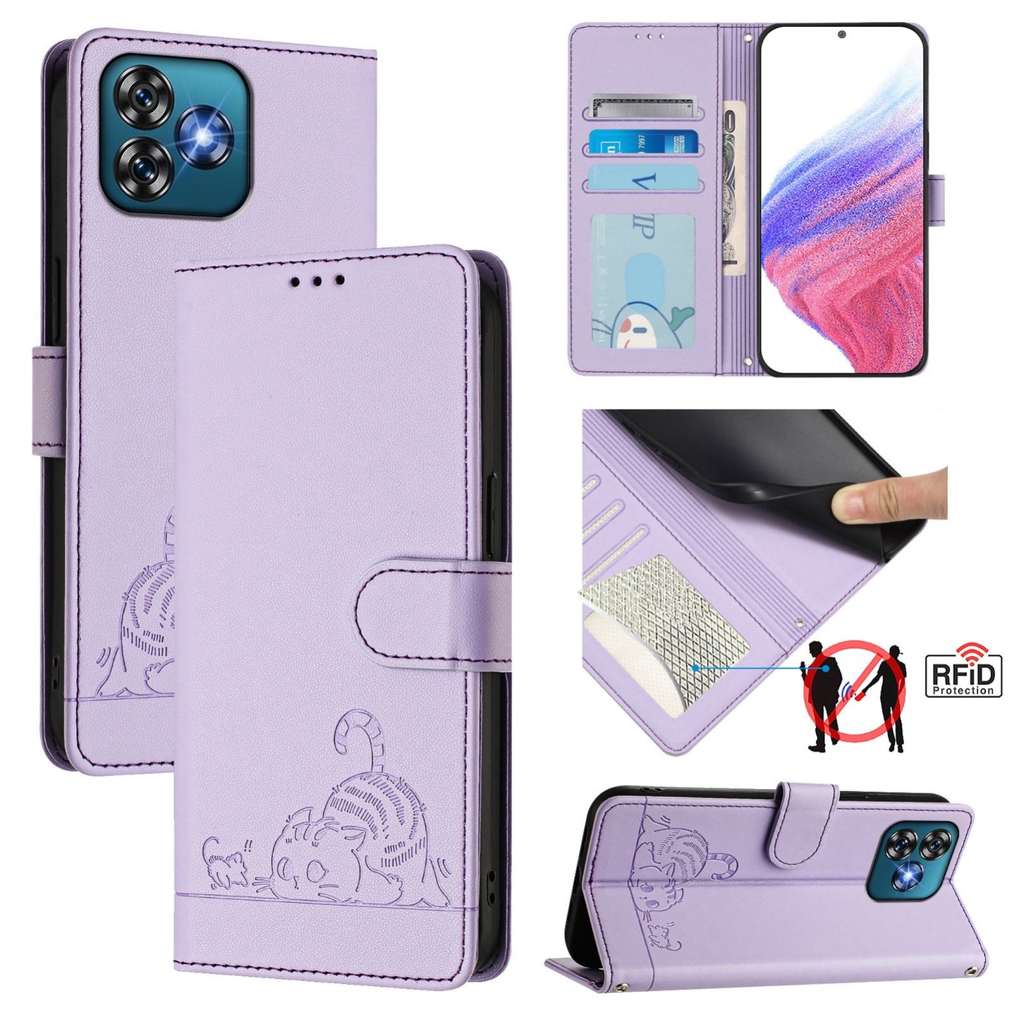 Oukitel C53 Leather Phone Case with Cat and Rat Embossed Pattern, RFID Protection, Card Holder Slots, Anti-fall Feature & Lanyard