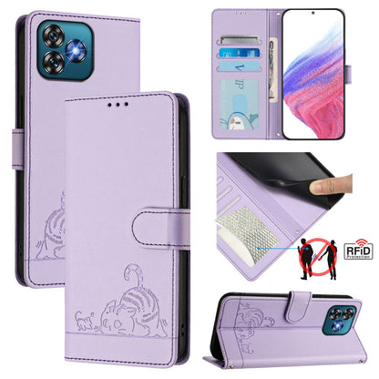 Oukitel C53 Leather Phone Case with Cat and Rat Embossed Pattern, RFID Protection, Card Holder Slots, Anti-fall Feature & Lanyard