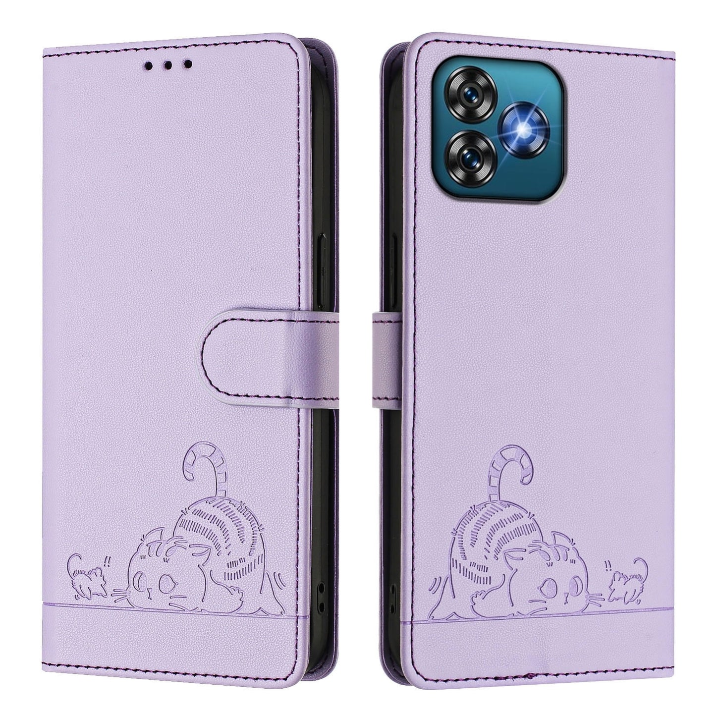 Oukitel C53 Leather Phone Case with Cat and Rat Embossed Pattern, RFID Protection, Card Holder Slots, Anti-fall Feature & Lanyard