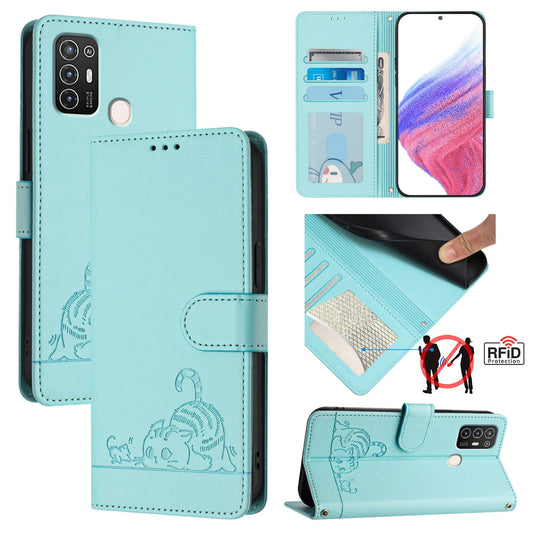 ZTE Blade A52 Leather Phone Case with Cat and Rat Embossed Pattern, RFID Protection, Card Holder Slots, Anti-fall Feature & Lanyard