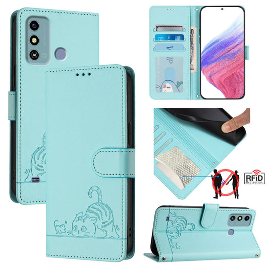 ZTE Blade A53 Leather Phone Case with Cat and Rat Embossed Pattern, RFID Protection, Card Holder Slots, Anti-fall Feature & Lanyard
