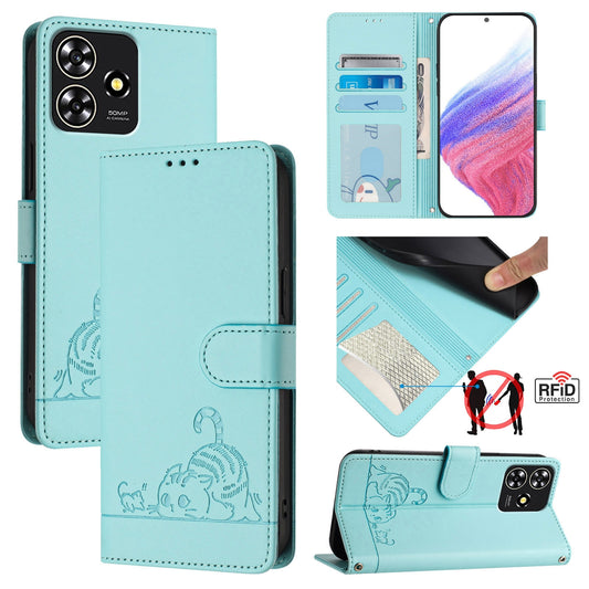 ZTE Blade A73 4G Leather Phone Case with Cat and Rat Embossed Pattern, RFID Protection, Card Holder Slots, Anti-fall Feature & Lanyard
