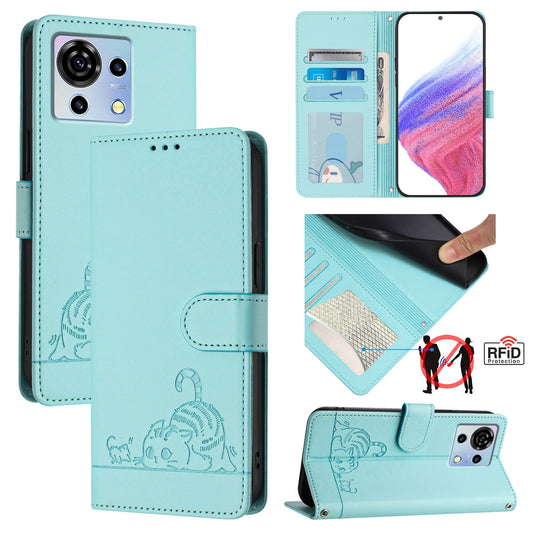 ZTE Blade V50 Vita Leather Phone Case with Cat and Rat Embossed Pattern, RFID Protection, Card Holder Slots, Anti-fall Feature & Lanyard
