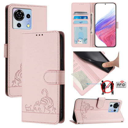 ZTE Blade V50 Vita Leather Phone Case with Cat and Rat Embossed Pattern, RFID Protection, Card Holder Slots, Anti-fall Feature & Lanyard