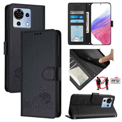 ZTE Blade V50 Vita Leather Phone Case with Cat and Rat Embossed Pattern, RFID Protection, Card Holder Slots, Anti-fall Feature & Lanyard