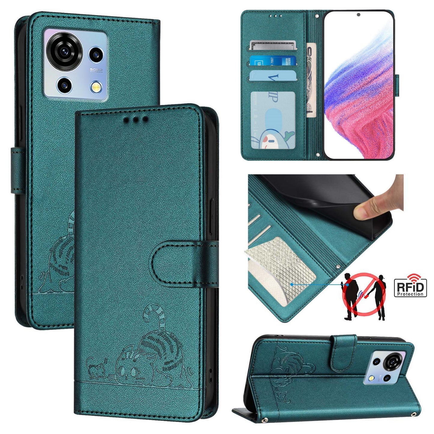 ZTE Blade V50 Vita Leather Phone Case with Cat and Rat Embossed Pattern, RFID Protection, Card Holder Slots, Anti-fall Feature & Lanyard