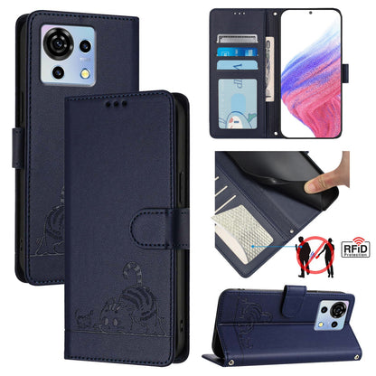ZTE Blade V50 Vita Leather Phone Case with Cat and Rat Embossed Pattern, RFID Protection, Card Holder Slots, Anti-fall Feature & Lanyard