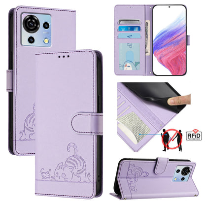 ZTE Blade V50 Vita Leather Phone Case with Cat and Rat Embossed Pattern, RFID Protection, Card Holder Slots, Anti-fall Feature & Lanyard