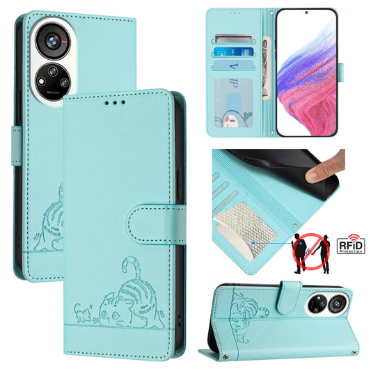 ZTE Blade V40s Leather Phone Case with Cat and Rat Embossed Pattern, RFID Protection, Card Holder Slots, Anti-fall Feature & Lanyard