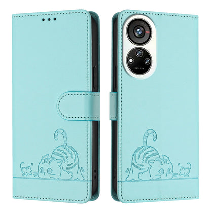 ZTE Blade V40s Leather Phone Case with Cat and Rat Embossed Pattern, RFID Protection, Card Holder Slots, Anti-fall Feature & Lanyard