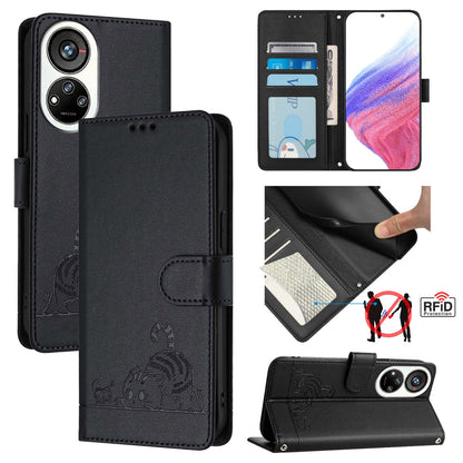 ZTE Blade V40s Leather Phone Case with Cat and Rat Embossed Pattern, RFID Protection, Card Holder Slots, Anti-fall Feature & Lanyard