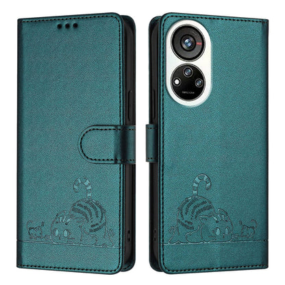 ZTE Blade V40s Leather Phone Case with Cat and Rat Embossed Pattern, RFID Protection, Card Holder Slots, Anti-fall Feature & Lanyard