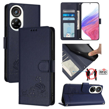 ZTE Blade V40s Leather Phone Case with Cat and Rat Embossed Pattern, RFID Protection, Card Holder Slots, Anti-fall Feature & Lanyard