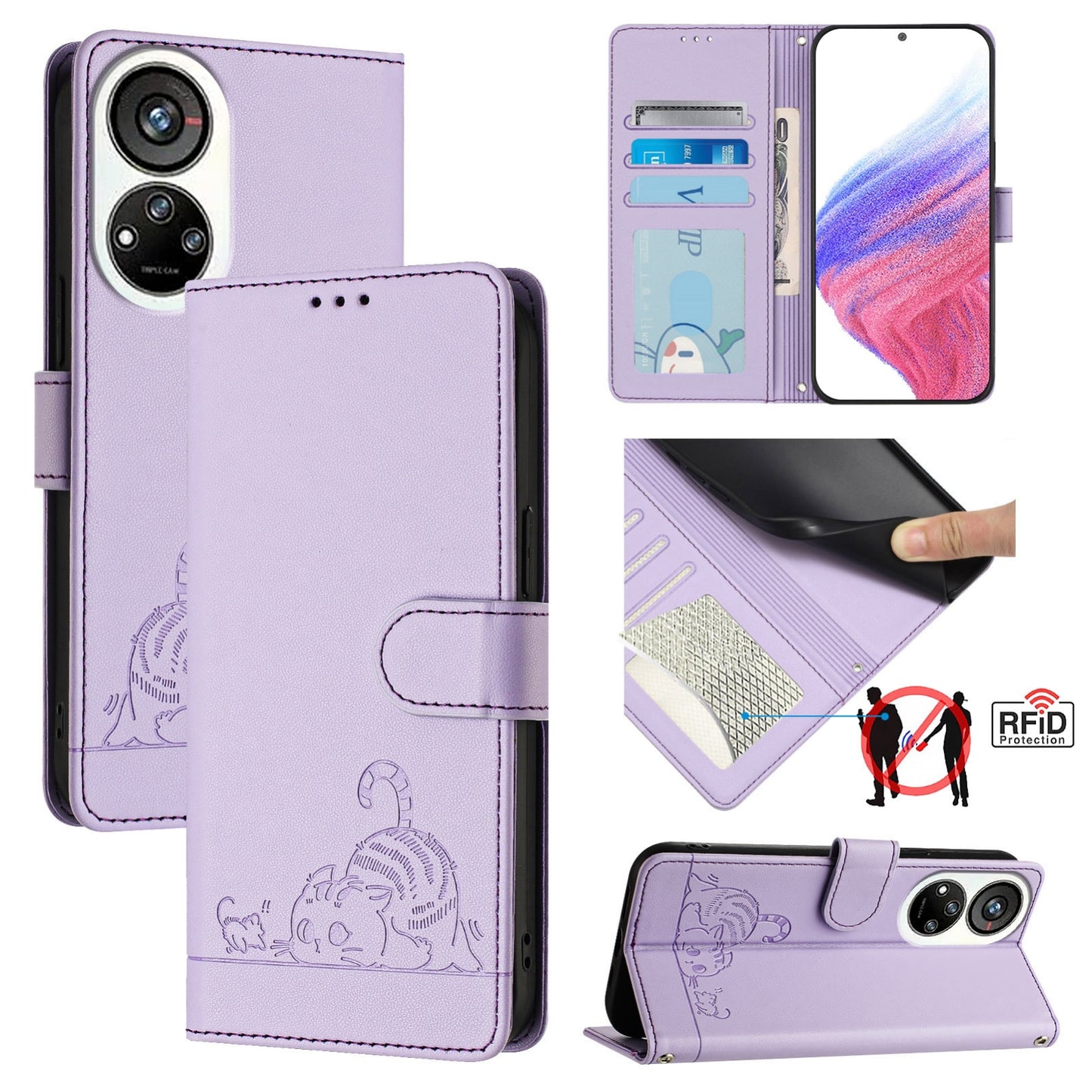 ZTE Blade V40s Leather Phone Case with Cat and Rat Embossed Pattern, RFID Protection, Card Holder Slots, Anti-fall Feature & Lanyard