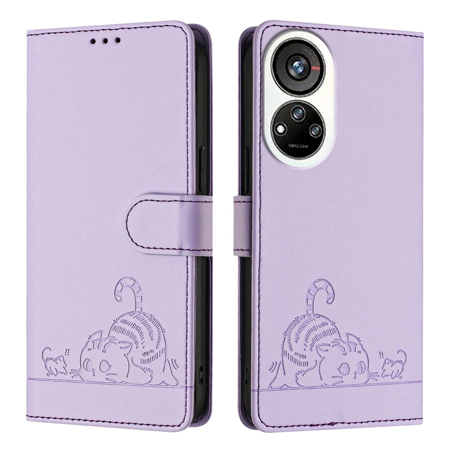 ZTE Blade V40s Leather Phone Case with Cat and Rat Embossed Pattern, RFID Protection, Card Holder Slots, Anti-fall Feature & Lanyard